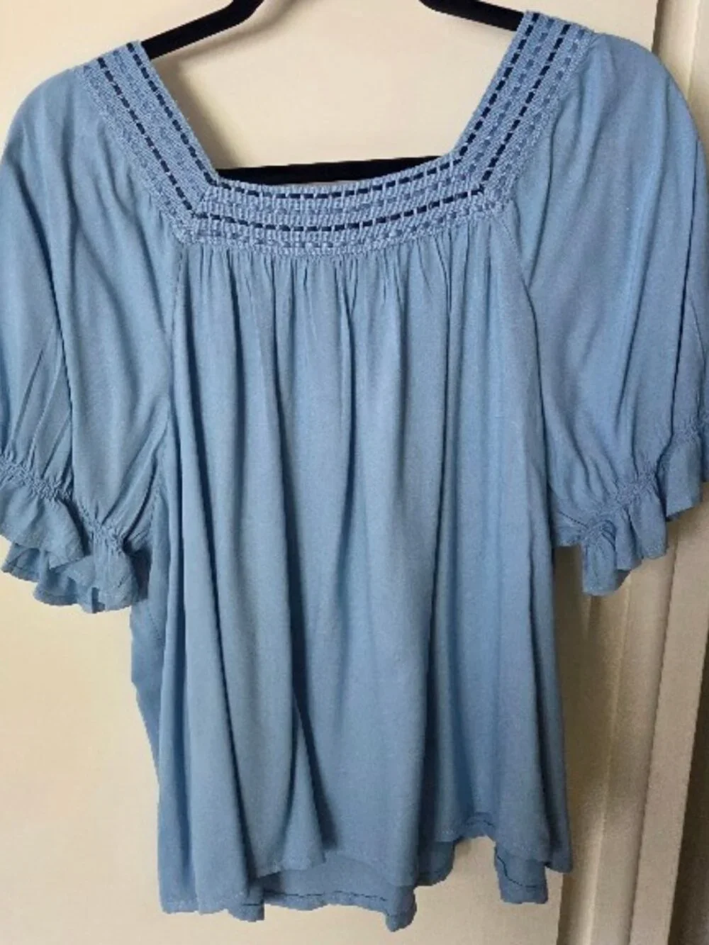 Style & Co Blue Peasant Top with Woven Ribbon Neckline Detail - Sz L